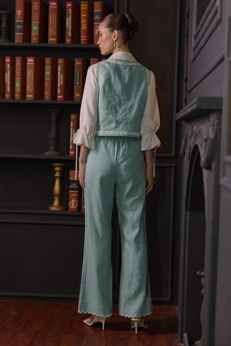 Shop Label Deepika Nagpal Blue Cotton, Linen, Viscose Lace, Embroidery Collared Janette Vest Pant Set at Aza Fashions Shop_Label Deepika Nagpal_Blue Cotton, Linen, Viscose Lace, Embroidery Collared Janette Vest Pant Set _at_Aza_Fashions