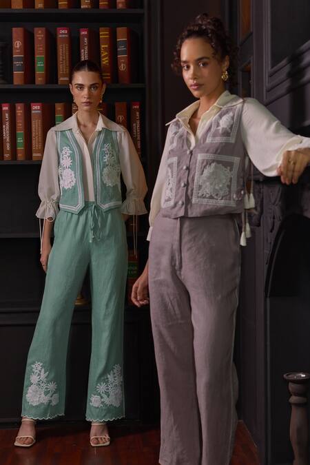 Label Deepika Nagpal Blue Cotton, Linen, Viscose Lace, Embroidery Collared Janette Vest Pant Set Online at Aza Fashions Label Deepika Nagpal_Blue Cotton, Linen, Viscose Lace, Embroidery Collared Janette Vest Pant Set _Online_at_Aza_Fashions
