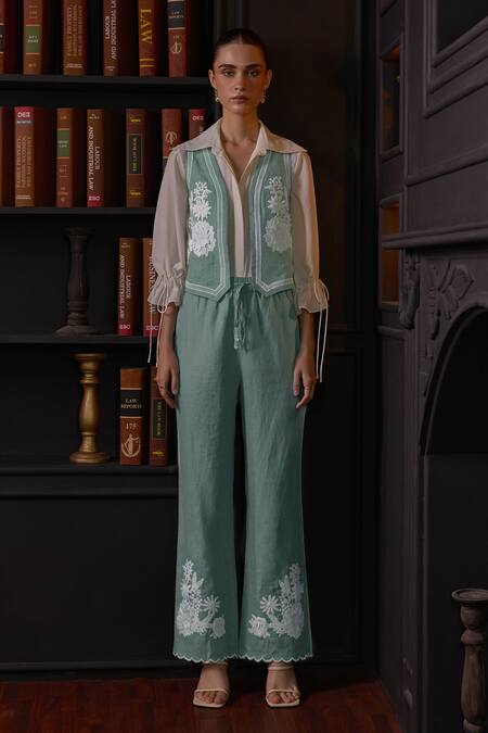 Buy Label Deepika Nagpal Blue Cotton, Linen, Viscose Lace, Embroidery Collared Janette Vest Pant Set Online at Aza Fashions Buy_Label Deepika Nagpal_Blue Cotton, Linen, Viscose Lace, Embroidery Collared Janette Vest Pant Set _Online_at_Aza_Fashions