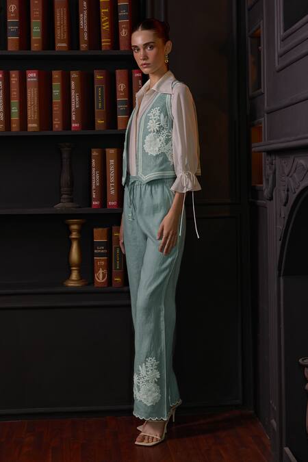 Shop Label Deepika Nagpal Blue Cotton, Linen, Viscose Lace, Embroidery Collared Janette Vest Pant Set Online at Aza Fashions Shop_Label Deepika Nagpal_Blue Cotton, Linen, Viscose Lace, Embroidery Collared Janette Vest Pant Set _Online_at_Aza_Fashions