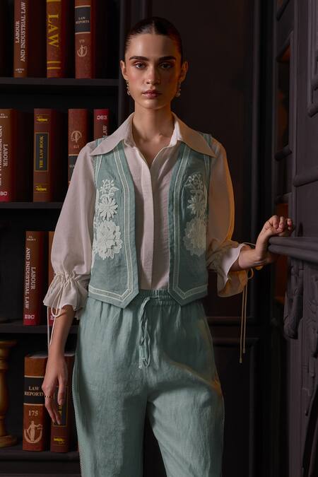 Label Deepika Nagpal Blue Cotton, Linen, Viscose Lace, Embroidery Collared Janette Vest Pant Set at Aza Fashions Label Deepika Nagpal_Blue Cotton, Linen, Viscose Lace, Embroidery Collared Janette Vest Pant Set _at_Aza_Fashions