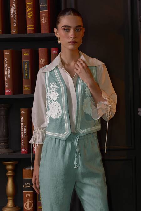 Buy Label Deepika Nagpal Blue Cotton, Linen, Viscose Lace, Embroidery Collared Janette Vest Pant Set Buy_Label Deepika Nagpal_Blue Cotton, Linen, Viscose Lace, Embroidery Collared Janette Vest Pant Set