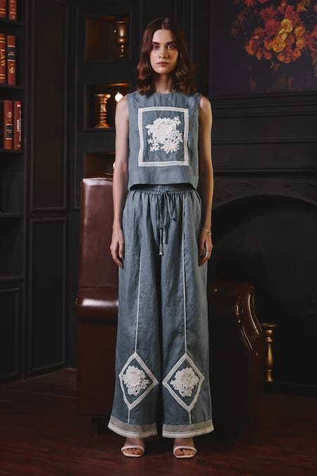 Label Deepika Nagpal Blue Soft Cotton Linen Embroidery Floral Lace Round Neck Stacy Top And Pant Set 