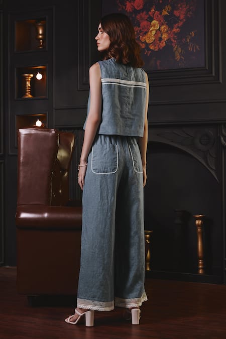 Shop Label Deepika Nagpal Blue Cotton, Linen, Viscose Embroidery Round Stacy Floral Lace Top And Pant Set at Aza Fashions Shop_Label Deepika Nagpal_Blue Cotton, Linen, Viscose Embroidery Round Stacy Floral Lace Top And Pant Set _at_Aza_Fashions