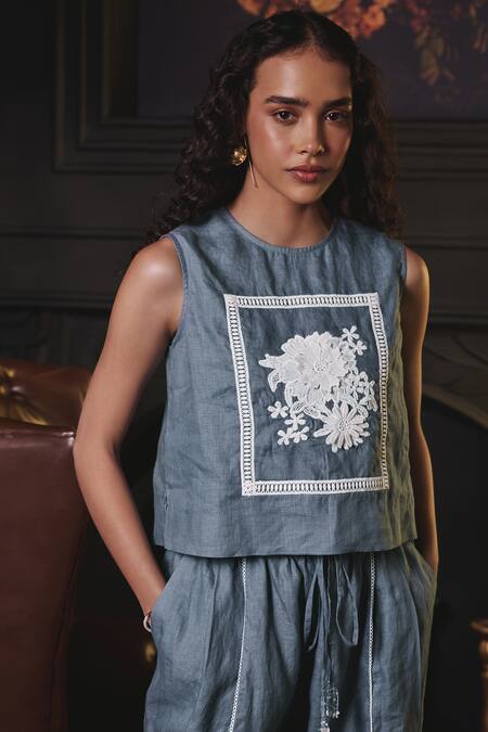 Label Deepika Nagpal Blue Cotton, Linen, Viscose Embroidery Round Stacy Floral Lace Top And Pant Set Online at Aza Fashions Label Deepika Nagpal_Blue Cotton, Linen, Viscose Embroidery Round Stacy Floral Lace Top And Pant Set _Online_at_Aza_Fashions