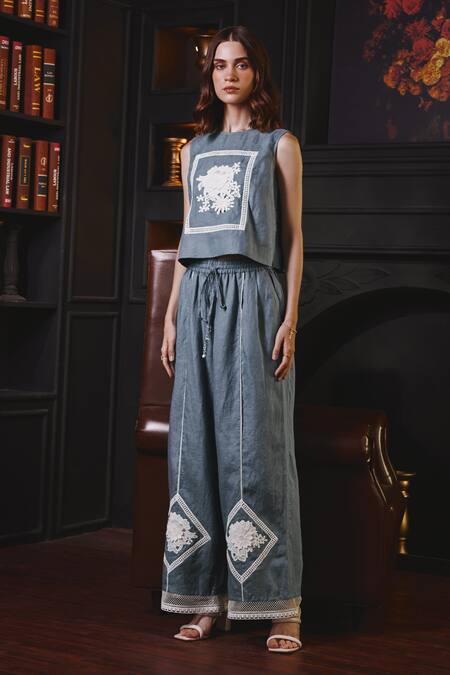 Buy Label Deepika Nagpal Blue Cotton, Linen, Viscose Embroidery Round Stacy Floral Lace Top And Pant Set Online at Aza Fashions Buy_Label Deepika Nagpal_Blue Cotton, Linen, Viscose Embroidery Round Stacy Floral Lace Top And Pant Set _Online_at_Aza_Fashions