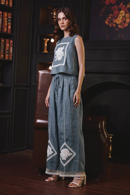 Shop Label Deepika Nagpal Blue Cotton, Linen, Viscose Embroidery Round Stacy Floral Lace Top And Pant Set Online at Aza Fashions Shop_Label Deepika Nagpal_Blue Cotton, Linen, Viscose Embroidery Round Stacy Floral Lace Top And Pant Set _Online_at_Aza_Fashions