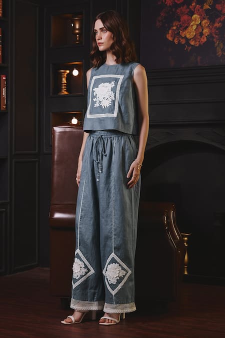 Label Deepika Nagpal Blue Cotton, Linen, Viscose Embroidery Round Stacy Floral Lace Top And Pant Set at Aza Fashions Label Deepika Nagpal_Blue Cotton, Linen, Viscose Embroidery Round Stacy Floral Lace Top And Pant Set _at_Aza_Fashions