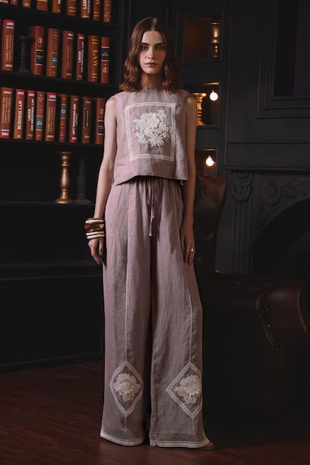 Label Deepika Nagpal Pink Soft Cotton Linen Embroidery Floral Lace Stacy Bodice Top And Pant Set 