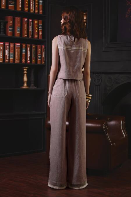 Shop Label Deepika Nagpal Pink Cotton, Linen Embroidery Round Neck Stacy Floral Bodice Top And Pant Set at Aza Fashions Shop_Label Deepika Nagpal_Pink Cotton, Linen Embroidery Round Neck Stacy Floral Bodice Top And Pant Set _at_Aza_Fashions