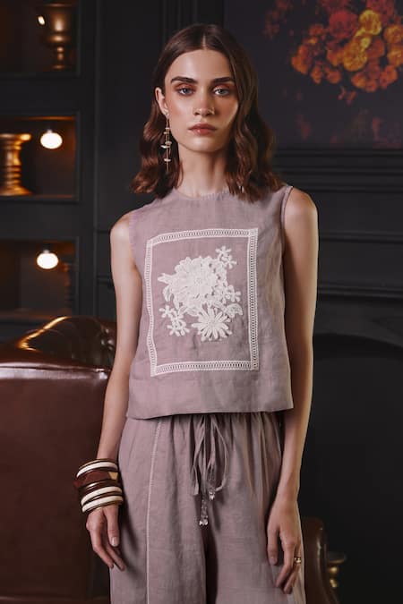 Buy Label Deepika Nagpal Pink Cotton, Linen Embroidery Round Neck Stacy Floral Bodice Top And Pant Set Online at Aza Fashions Buy_Label Deepika Nagpal_Pink Cotton, Linen Embroidery Round Neck Stacy Floral Bodice Top And Pant Set _Online_at_Aza_Fashions
