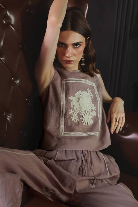 Shop Label Deepika Nagpal Pink Cotton, Linen Embroidery Round Neck Stacy Floral Bodice Top And Pant Set Online at Aza Fashions Shop_Label Deepika Nagpal_Pink Cotton, Linen Embroidery Round Neck Stacy Floral Bodice Top And Pant Set _Online_at_Aza_Fashions