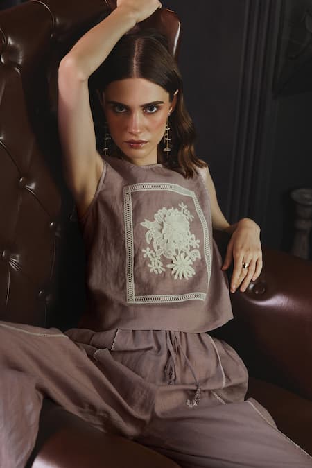 Label Deepika Nagpal Pink Cotton, Linen Embroidery Round Neck Stacy Floral Bodice Top And Pant Set at Aza Fashions Label Deepika Nagpal_Pink Cotton, Linen Embroidery Round Neck Stacy Floral Bodice Top And Pant Set _at_Aza_Fashions