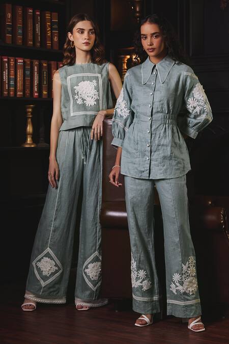 Label Deepika Nagpal Blue Cotton, Linen Embroidery, Lace Round Neck Stacy Floral Top And Pant Set Online at Aza Fashions Label Deepika Nagpal_Blue Cotton, Linen Embroidery, Lace Round Neck Stacy Floral Top And Pant Set _Online_at_Aza_Fashions