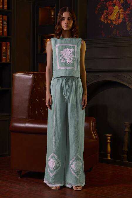 Shop Label Deepika Nagpal Blue Cotton, Linen Embroidery, Lace Round Neck Stacy Floral Top And Pant Set Online at Aza Fashions Shop_Label Deepika Nagpal_Blue Cotton, Linen Embroidery, Lace Round Neck Stacy Floral Top And Pant Set _Online_at_Aza_Fashions