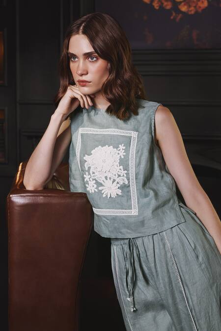 Label Deepika Nagpal Blue Cotton, Linen Embroidery, Lace Round Neck Stacy Floral Top And Pant Set at Aza Fashions Label Deepika Nagpal_Blue Cotton, Linen Embroidery, Lace Round Neck Stacy Floral Top And Pant Set _at_Aza_Fashions