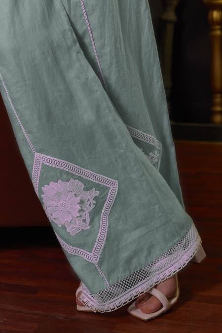 Buy Label Deepika Nagpal Blue Cotton, Linen Embroidery, Lace Round Neck Stacy Floral Top And Pant Set Buy_Label Deepika Nagpal_Blue Cotton, Linen Embroidery, Lace Round Neck Stacy Floral Top And Pant Set