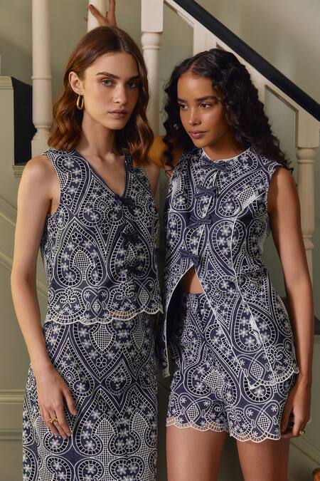 Label Deepika Nagpal Blue Denim, Viscose Embroidery V-neck Naya Threadwork Top And Skirt Set Online at Aza Fashions Label Deepika Nagpal_Blue Denim, Viscose Embroidery V-neck Naya Threadwork Top And Skirt Set_Online_at_Aza_Fashions