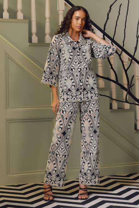 Label Deepika Nagpal Black French Mesh Embroidery Thread Collar Jen Floral Cutwork Shirt And Pant Set 