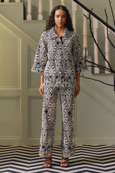 Label Deepika Nagpal Black Viscose, Crepe Embroidery Collared Jen Floral Cutwork Shirt And Pant Set Online at Aza Fashions Label Deepika Nagpal_Black Viscose, Crepe Embroidery Collared Jen Floral Cutwork Shirt And Pant Set _Online_at_Aza_Fashions