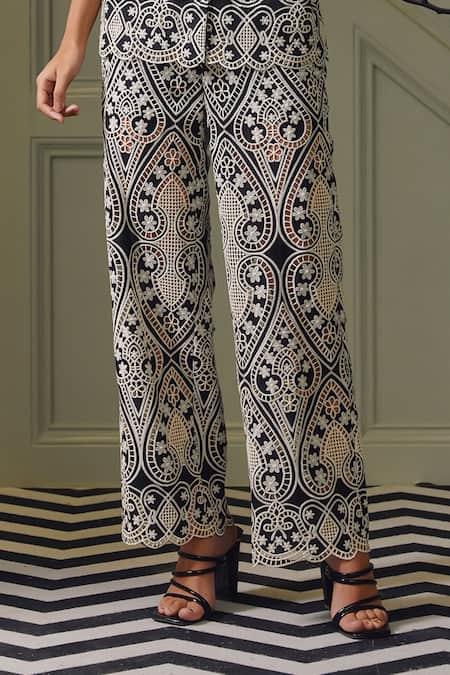 Shop Label Deepika Nagpal Black Viscose, Crepe Embroidery Collared Jen Floral Cutwork Shirt And Pant Set Online at Aza Fashions Shop_Label Deepika Nagpal_Black Viscose, Crepe Embroidery Collared Jen Floral Cutwork Shirt And Pant Set _Online_at_Aza_Fashions