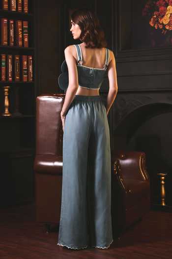 Shop Label Deepika Nagpal Blue Cotton, Viscose, Linen Embroidery, Izzy 3d Floral Bustier And Pant Set at Aza Fashions Shop_Label Deepika Nagpal_Blue Cotton, Viscose, Linen Embroidery, Izzy 3d Floral Bustier And Pant Set_at_Aza_Fashions