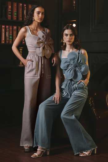 Label Deepika Nagpal Blue Cotton, Viscose, Linen Embroidery, Izzy 3d Floral Bustier And Pant Set Online at Aza Fashions Label Deepika Nagpal_Blue Cotton, Viscose, Linen Embroidery, Izzy 3d Floral Bustier And Pant Set_Online_at_Aza_Fashions