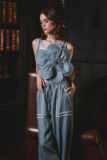Label Deepika Nagpal Blue Cotton, Viscose, Linen Embroidery, Izzy 3d Floral Bustier And Pant Set at Aza Fashions Label Deepika Nagpal_Blue Cotton, Viscose, Linen Embroidery, Izzy 3d Floral Bustier And Pant Set_at_Aza_Fashions