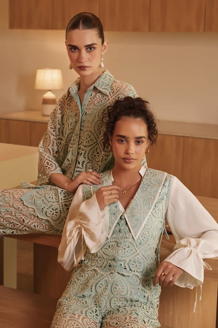 Label Deepika Nagpal_Green Viscose, Crepe Embroidery Collared Serena Threadwork Shirt And Pant Set _Online_at_Aza_Fashions