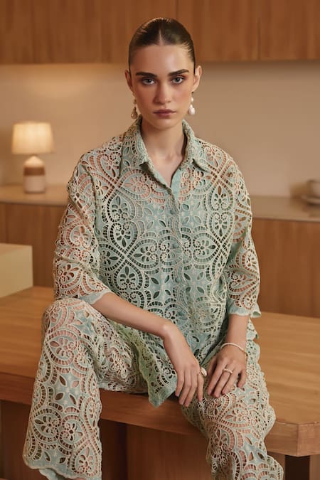 Buy_Label Deepika Nagpal_Green Viscose, Crepe Embroidery Collared Serena Threadwork Shirt And Pant Set _Online_at_Aza_Fashions