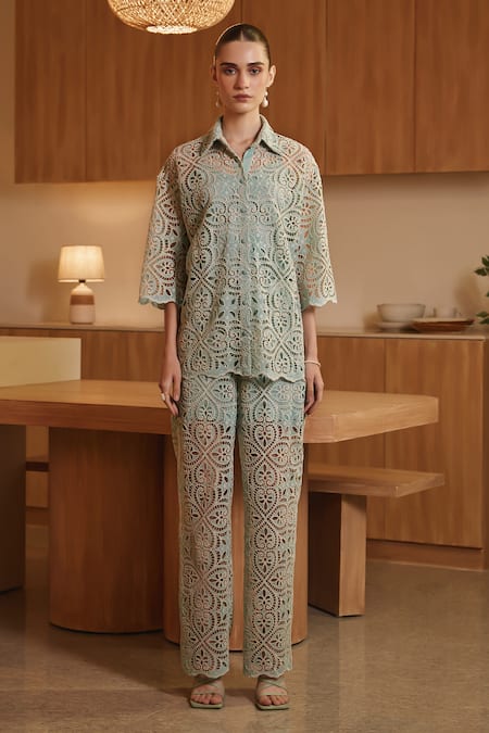 Label Deepika Nagpal_Green Viscose, Crepe Embroidery Collared Serena Threadwork Shirt And Pant Set _at_Aza_Fashions