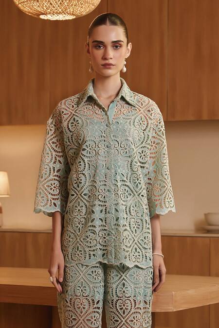 Shop_Label Deepika Nagpal_Green Viscose, Crepe Embroidery Collared Serena Threadwork Shirt And Pant Set 