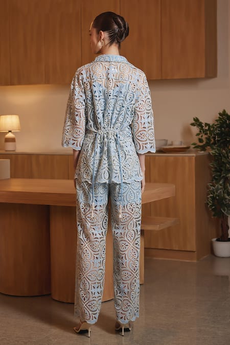 Shop Label Deepika Nagpal Blue Viscose, Crepe Embroidery Collared Serena Thread Shirt And Pant Set at Aza Fashions Shop_Label Deepika Nagpal_Blue Viscose, Crepe Embroidery Collared Serena Thread Shirt And Pant Set _at_Aza_Fashions