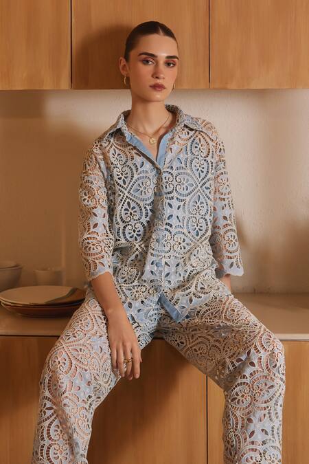 Shop Label Deepika Nagpal Blue Viscose, Crepe Embroidery Collared Serena Thread Shirt And Pant Set Online at Aza Fashions Shop_Label Deepika Nagpal_Blue Viscose, Crepe Embroidery Collared Serena Thread Shirt And Pant Set _Online_at_Aza_Fashions
