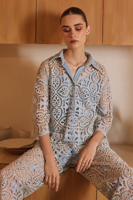 Label Deepika Nagpal Blue Viscose, Crepe Embroidery Collared Serena Thread Shirt And Pant Set at Aza Fashions Label Deepika Nagpal_Blue Viscose, Crepe Embroidery Collared Serena Thread Shirt And Pant Set _at_Aza_Fashions