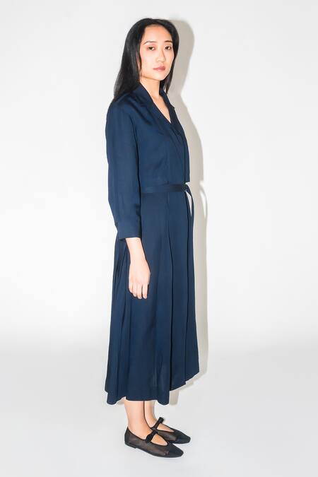 Leh Studios Blue Linen Collared Layered Trench Dress Online at Aza Fashions Leh Studios_Blue Linen Collared Layered Trench Dress _Online_at_Aza_Fashions
