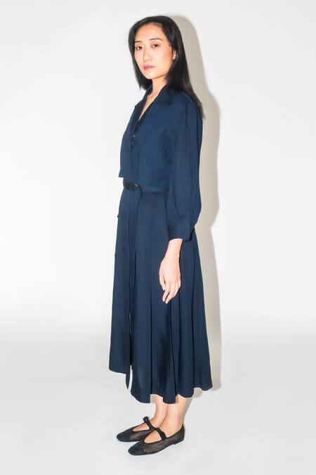 Buy Leh Studios Blue Linen Collared Layered Trench Dress Online at Aza Fashions Buy_Leh Studios_Blue Linen Collared Layered Trench Dress _Online_at_Aza_Fashions