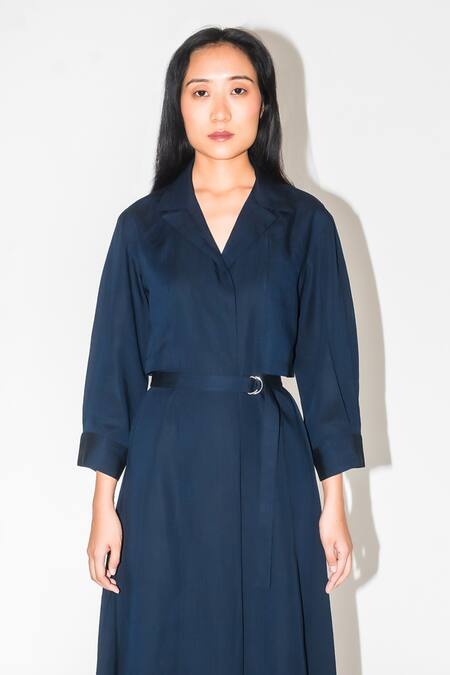 Shop Leh Studios Blue Linen Collared Layered Trench Dress Online at Aza Fashions Shop_Leh Studios_Blue Linen Collared Layered Trench Dress _Online_at_Aza_Fashions