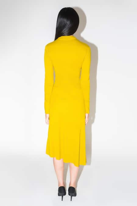 Leh Studios_Yellow 100% Cotton Plain High Neck Draped Midi Dress _Online_at_Aza_Fashions