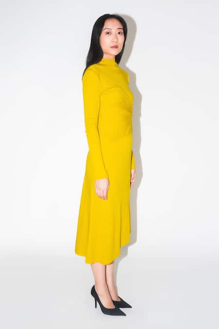 Buy_Leh Studios_Yellow 100% Cotton Plain High Neck Draped Midi Dress _Online_at_Aza_Fashions