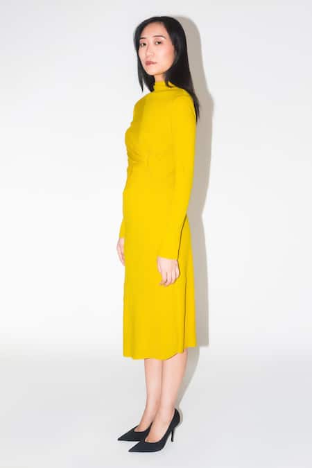 Shop_Leh Studios_Yellow 100% Cotton Plain High Neck Draped Midi Dress _Online_at_Aza_Fashions