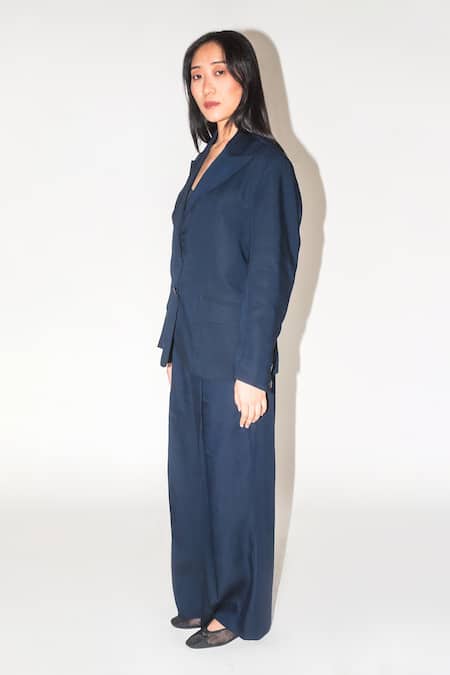 Shop Leh Studios Blue Linen, Silk Midnight Blazer Online at Aza Fashions Shop_Leh Studios_Blue Linen, Silk Midnight Blazer _Online_at_Aza_Fashions