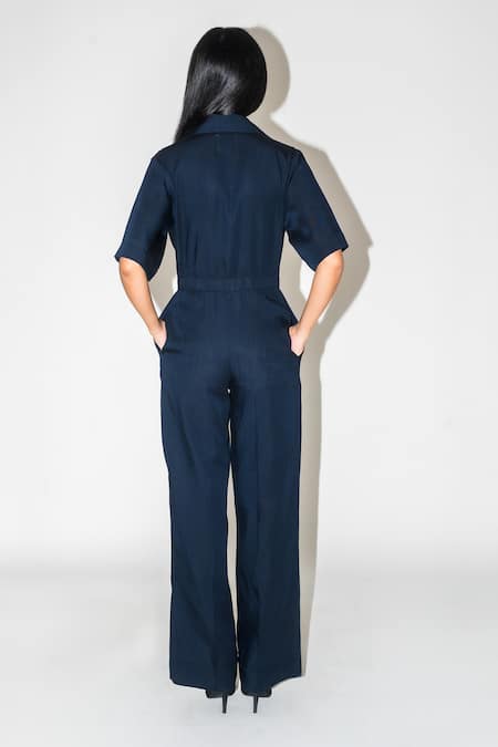 Shop Leh Studios Blue Linen, Silk Collared Midnight Pleated Jumpsuit at Aza Fashions Shop_Leh Studios_Blue Linen, Silk Collared Midnight Pleated Jumpsuit _at_Aza_Fashions