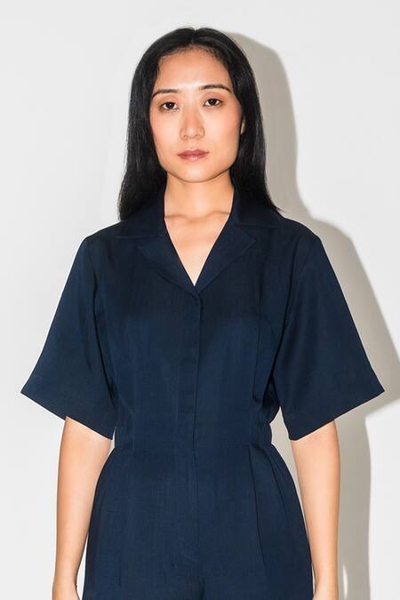 Leh Studios Blue Linen, Silk Collared Midnight Pleated Jumpsuit Online at Aza Fashions Leh Studios_Blue Linen, Silk Collared Midnight Pleated Jumpsuit _Online_at_Aza_Fashions