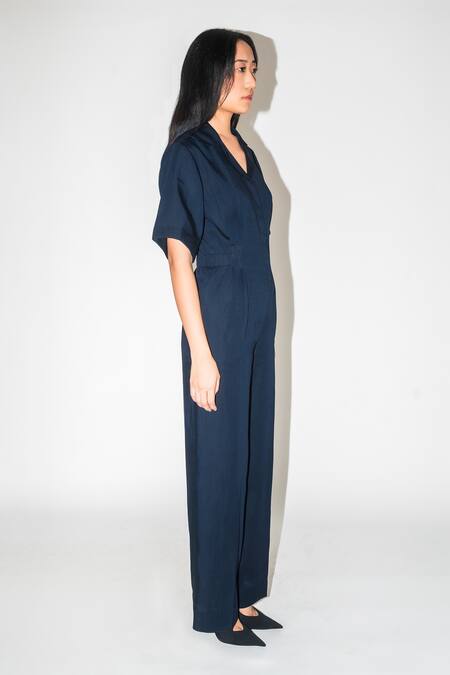 Buy Leh Studios Blue Linen, Silk Collared Midnight Pleated Jumpsuit Online at Aza Fashions Buy_Leh Studios_Blue Linen, Silk Collared Midnight Pleated Jumpsuit _Online_at_Aza_Fashions