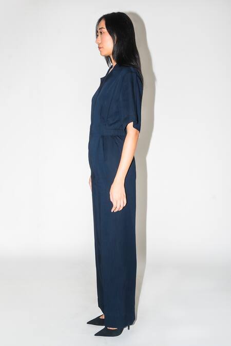 Shop Leh Studios Blue Linen, Silk Collared Midnight Pleated Jumpsuit Online at Aza Fashions Shop_Leh Studios_Blue Linen, Silk Collared Midnight Pleated Jumpsuit _Online_at_Aza_Fashions