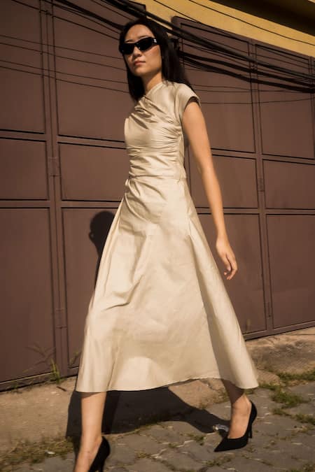 Leh Studios Beige Cotton V-neck Petra Draped Dress Online at Aza Fashions Leh Studios_Beige Cotton V-neck Petra Draped Dress _Online_at_Aza_Fashions