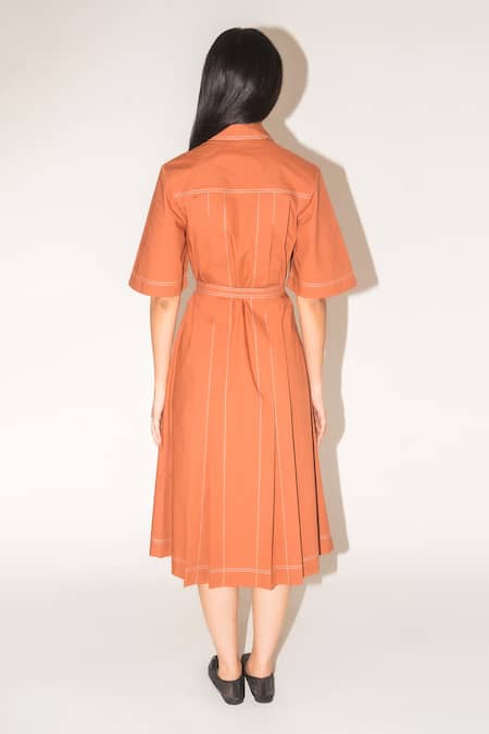 Shop Leh Studios Brown Cotton Buckles Collared Pleated Safari Dress at Aza Fashions Shop_Leh Studios_Brown Cotton Buckles Collared Pleated Safari Dress _at_Aza_Fashions