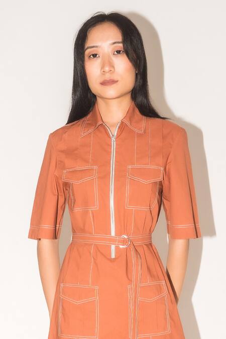 Leh Studios Brown Cotton Buckles Collared Pleated Safari Dress Online at Aza Fashions Leh Studios_Brown Cotton Buckles Collared Pleated Safari Dress _Online_at_Aza_Fashions