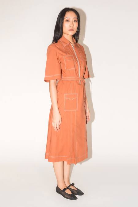 Buy Leh Studios Brown Cotton Buckles Collared Pleated Safari Dress Online at Aza Fashions Buy_Leh Studios_Brown Cotton Buckles Collared Pleated Safari Dress _Online_at_Aza_Fashions